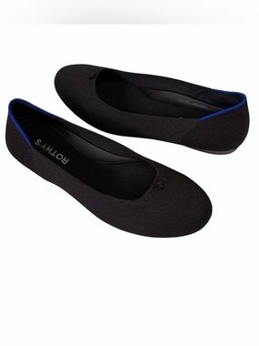 Rothy's The Flat Round Toe Sewn Bow Black Blue Ballet Shoes size 7.5